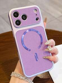 Premium Lychee Texture CD Pattern Magnetic Wireless Charging Phone Case, Compatible With IPhone 17 Pro Max 17 Pro 16 Pro Max 15 Pro Max 14 Pro 13 12, Luxury Matte Lens Protection Shockproof Cushion Back Cover - Purple - View 2