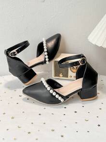 3-12 Years Old Girls Black Pearl Head Thick Heel Sandals One Strap Princess Shoes Party Performance Dress Shoes - Black - View 1