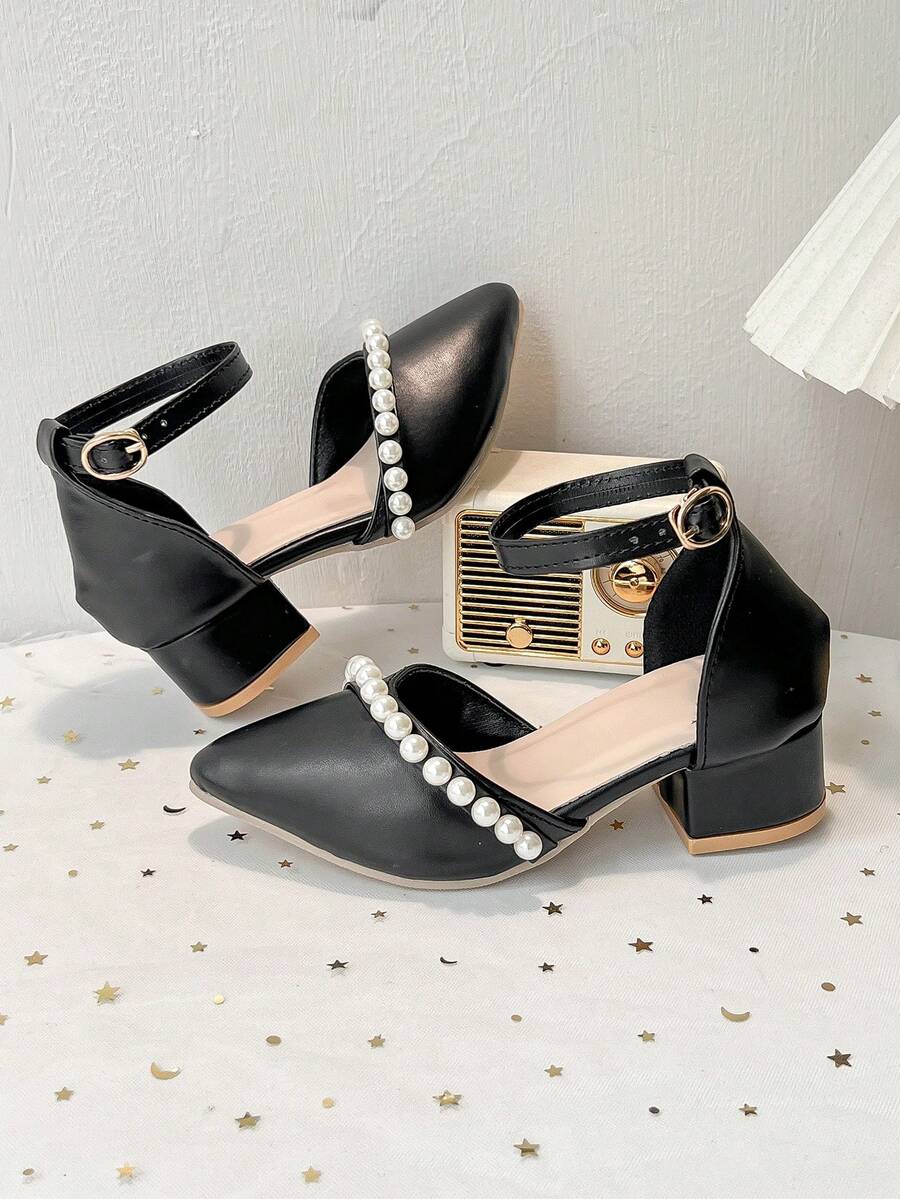 3-12 Years Old Girls Black Pearl Head Thick Heel Sandals One Strap Princess Shoes Party Performance Dress Shoes - Black - View 1