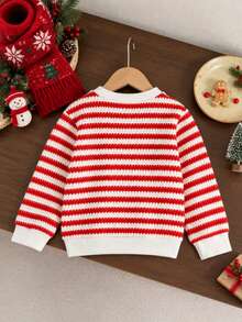 Girls Cute Sweet Round Neck Long Sleeve Red & White Striped 3D Cherry Pullover, Autumn Vintage Colorblock Round Neck Inner Top, Suitable For Outdoor Wear - Red - View 2