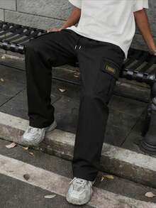 男士秋季休閒戶外多口袋工裝褲，時尚簡約日常運動休閒長褲 - 黑色 - 查看 3