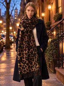 1pc Women's Leopard Print Animal Pattern Polyester Elegant Versatile Warm Scarf For Daily Use - Brown - View 5