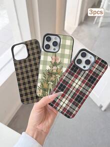 3pcs Leather Texture Plaid Print TPU Shockproof Full Coverage Precise Protective Case Compatible With Apple IPhone11/12/13/14/15/16/16Pro/16ProMax/17/17pro/17ProMax/18pro 18ProMax - Multicolor - View 1