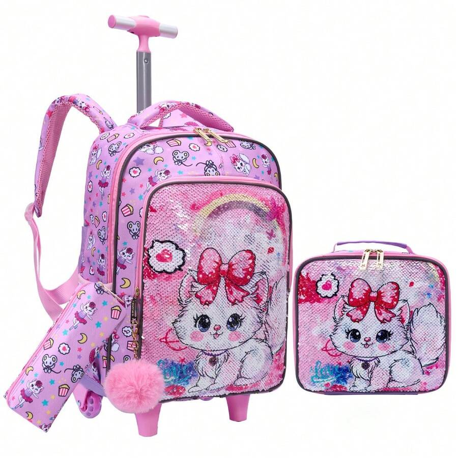 3PCS Kids Wheeled Travel Bag, Double-Sided Pink Red Cartoon Cat Sequins Design Bookbag For Students, With Handbag And Pen Bag, Nighttime Reflective.