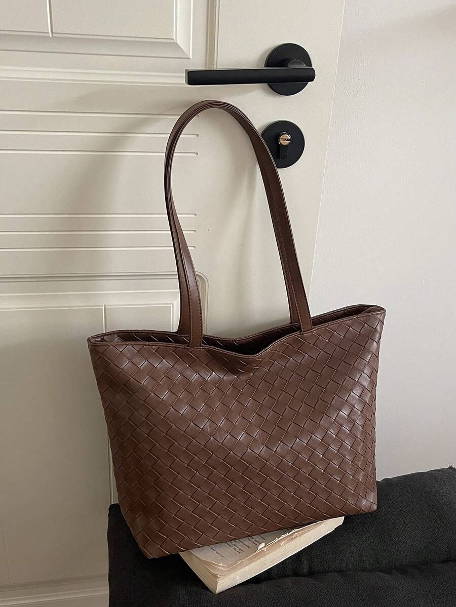 Women's Woven Texture Tote Bag, Large Capacity Shoulder Handbag, Suitable For Office Daily Use - Brown - View 1