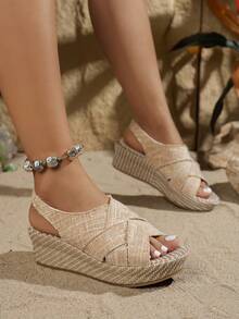 Women's New Beige Linen Cross-Back Strap Roman Sandals, Vintage Bohemian Style Open Toe Vacation Beach Summer Wedge Thick Sole Sandals - Beige - View 2
