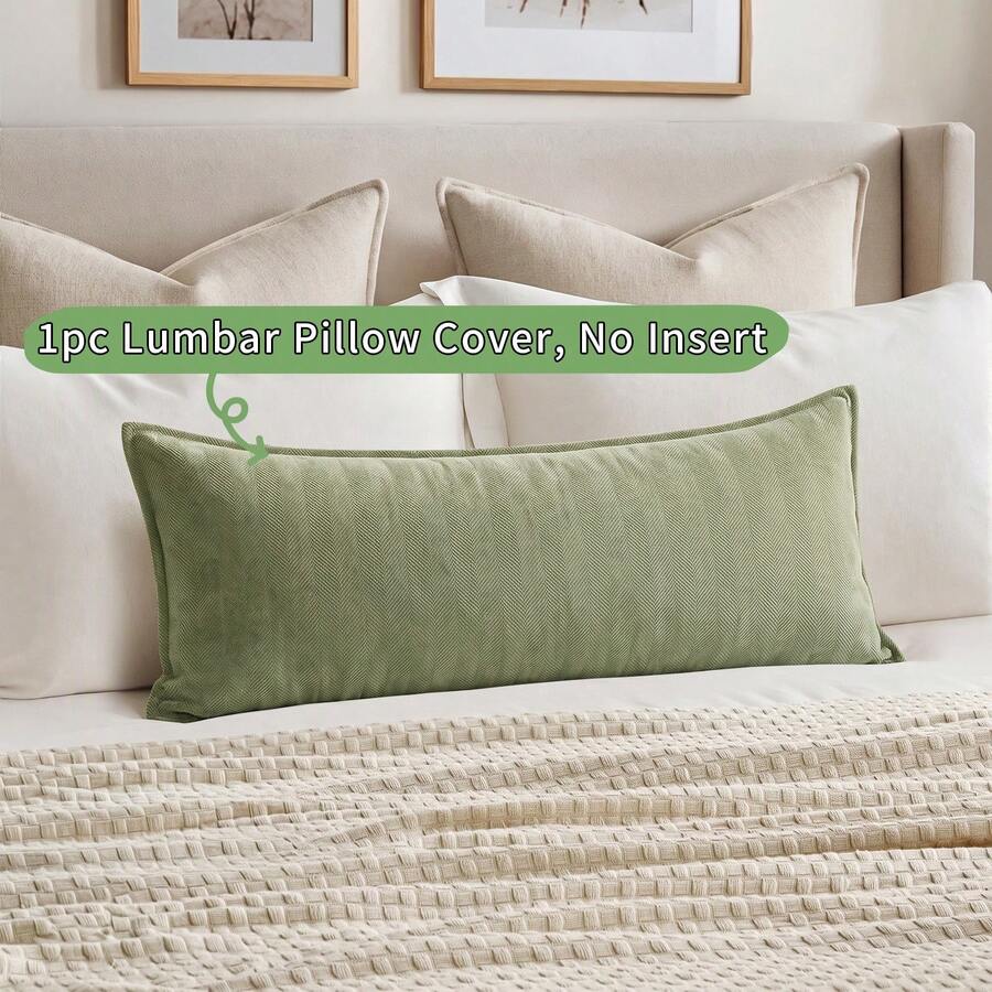 1pc Sage Green Lumbar Pillow Case, Herringbone Woven Rectangular Cushion Cover, Piped Decorative Throw Pillow Sleeve, Without Insert, Suitable For Farmhouse Style Home Decor Sofa - Pastel Green - View 1