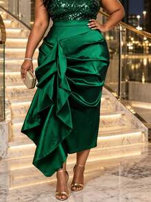 Women Plus Size Emerald Green High Waist Satin Midi Skirt Asymmetrical Draped Layered Ruffle Side Elegant Formal Party Wedding Guest Skirt - Dark Green - View 5