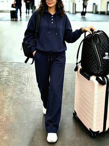 Autumn Fashion Women's New Casual Versatile Solid Color College Style Hooded Long Sleeve Top With High Waist Loose Straight Leg Pants 2 Pieces Set, Sweatshirt And Contrast Color Pants Outfit, Vacation Wear, Travel Outfit, Minimalist Workout Wear Autumn Outfit, Autumn Special Offer - Navy - View 1