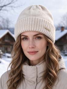 1pc Fashion Women's Knitted Beanie, Solid Color With Metal Badge, Winter Outdoor Warm Ski Hat - A - View 6