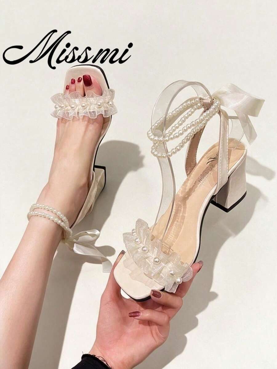 Women's Summer New Bow Knot Strappy Sandals, Cross Strap Chunky Heels And High Heel Shoes Valentines,Block Heels - Beige - View 1