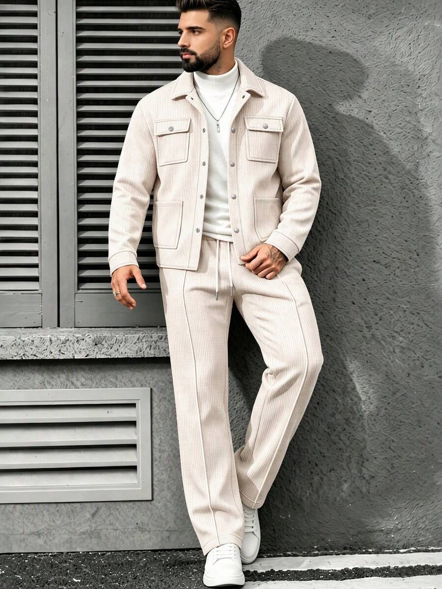 Men's 2 Pieces Set, Men's Suit Lapel Multi-Pocket Button-Up Jacket + Drawstring Waist Pants, Cruise Vacation Casual Outfit - Khaki - View 1