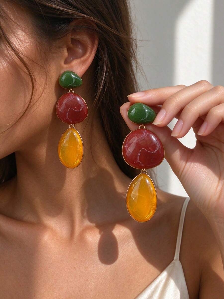 Colorful Personalized 3-Layer Water Drop Stone Gold Pendant Earrings - Three-tier Gemstone Earrings - View 1
