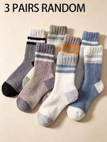 3/5/7 Pairs Men's Comfortable Black Striped Socks, Solid Color Warm, Soft And Fluffy, Suitable For Winter Wear - Multicolor - View 11
