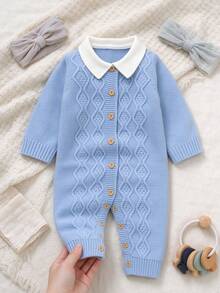 1pc Baby Knitted Long Sleeve Jumpsuit, Baby Boy Peter Pan Collar Cable Knit Jumpsuit, Unisex Baby Simple Versatile Outing Jumpsuit Crawler, Front Button Design Easy Diaper Change, Soft And Skin-Friendly - Blue - View 10