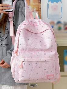 Star Print Letter Embroidery Backpack + Large Capacity & Multi Pockets + School Daily Commute + Light Blue Tie Dye Casual Nylon Daypack - Multicolor - View 6