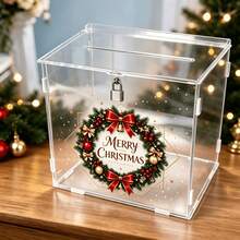 1pc Red & Gold Floral Wreath Christmas Acrylic Card Box With Lock Design, Christmas Party Desktop Greeting Card Envelope Gift Storage Box - Multicolor - View 4