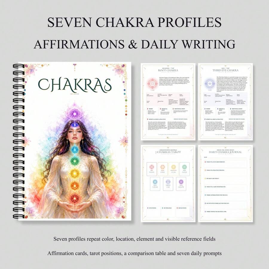 Buku Catatan Spiral untuk Tujuh Profil Chakra dari Chakra Akar hingga Chakra Mahkota dengan Meditasi, Afirmasi, Referensi Warna dan Elemen, Susunan Kartu Tarot Tujuh Kartu, Bagan Kesadaran Chakra, Niat, Refleksi, dan Petunjuk Menulis Harian - A5 - View 1