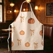 1pc Autumn Vintage Pumpkin & Bow Print Apron - Sleeveless Halter Design, Durable And Comfortable Fit, Featuring Pumpkin And Bow Pattern, Suitable For Cooking, Baking And Home Cleaning, Household Cleaning, Housework Apron, Hand-Painted Handmade Gardening Apron, Fun Holiday Gift - Multicolor - View 4
