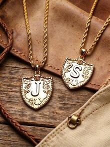 1pc Fashion 26 English Initial Embossed Beaded Chain Necklace, Suitable For Daily Wear, Best Jewelry Gift Choice For Women And Men (Hat Sold Separately) - Gold - View 3