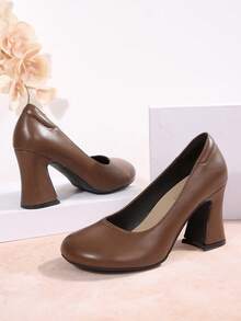 Solid Color Basic PU Leather Glossy Super High Heel Pumps Office Spring Autumn Summer Professional Women's Low Vamp Chunky Heel - Brown - View 3