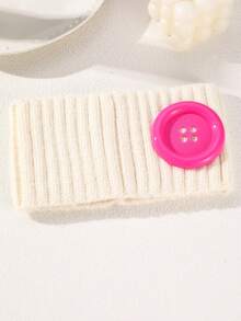 1pc Women's Winter Warm Knitted Wide Elastic Headband, Pure White Ribbed Hairband With Red Large Button, Elastic Hair Accessory, Suitable For Daily Outdoor And Indoor Decoration - White - View 5