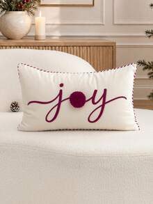 1pc Beige Christmas Joy Letter Embroidered Pillow Case, Suitable For Indoor Decoration, Christmas Decoration, All-Season Pillow Case, Without Insert - Beige - View 2