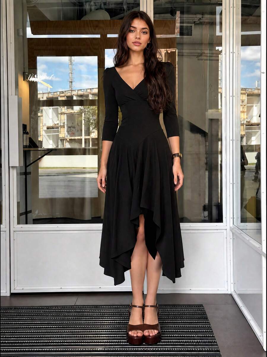 Women V Neck Solid Casual Fall Winter Daily Street Party Vacation Dress - Black - View 1