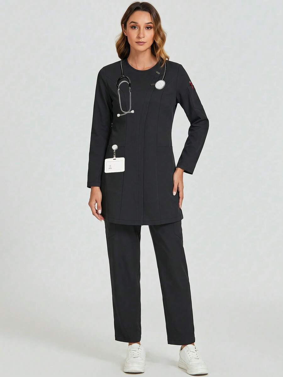 cimmuovere Long Sleeve Solid Color Lab Scrub Uniform Suits Nurse Scrub Uniform Sets For Doctors, Dentists, Clinics, Beauty Salons, Psychologists, With Pockets - Black - View 1