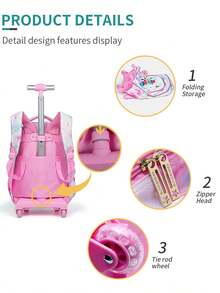 3PCS Kids Wheeled Travel Bag, Gold Cartoon Unicorn Design Bookbag For Students, With Handbag And Pen Bag, Nighttime Reflective. - Multicolor - View 5