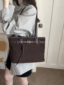 Large Capacity Solid Color Suede Tote Commuter Bag Women's Bag Autumn/Winter Matte Women's Bag With Knot Pendant - Coffee Brown - View 4