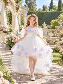 Young Girls Spaghetti Strap 3D Colorful Floral Bow Mesh Gorgeous Train Flower Girl Wedding Dress, Sweet Princess Gown For Runway, Party, Birthday, Ball, Halloween, Thanksgiving Celebration - White - View 5
