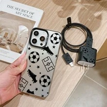 6pcs Set Integrated Colorful Silver Black Soccer Pattern Phone Case + Charger Head Cover + Cable Protector + Storage Rope + Data Cable Protection Wrap Rope TPU Anti-Drop Protective Shell Apple Phone Case Compatible With IPhone11/12/13/14/15/16/16Pro/16ProMax/17/17pro/17ProMax/18pro 18ProMax - Multicolor - View 3
