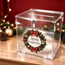 1pc Red & Gold Floral Wreath Christmas Acrylic Card Box With Lock Design, Christmas Party Desktop Greeting Card Envelope Gift Storage Box - Multicolor - View 1