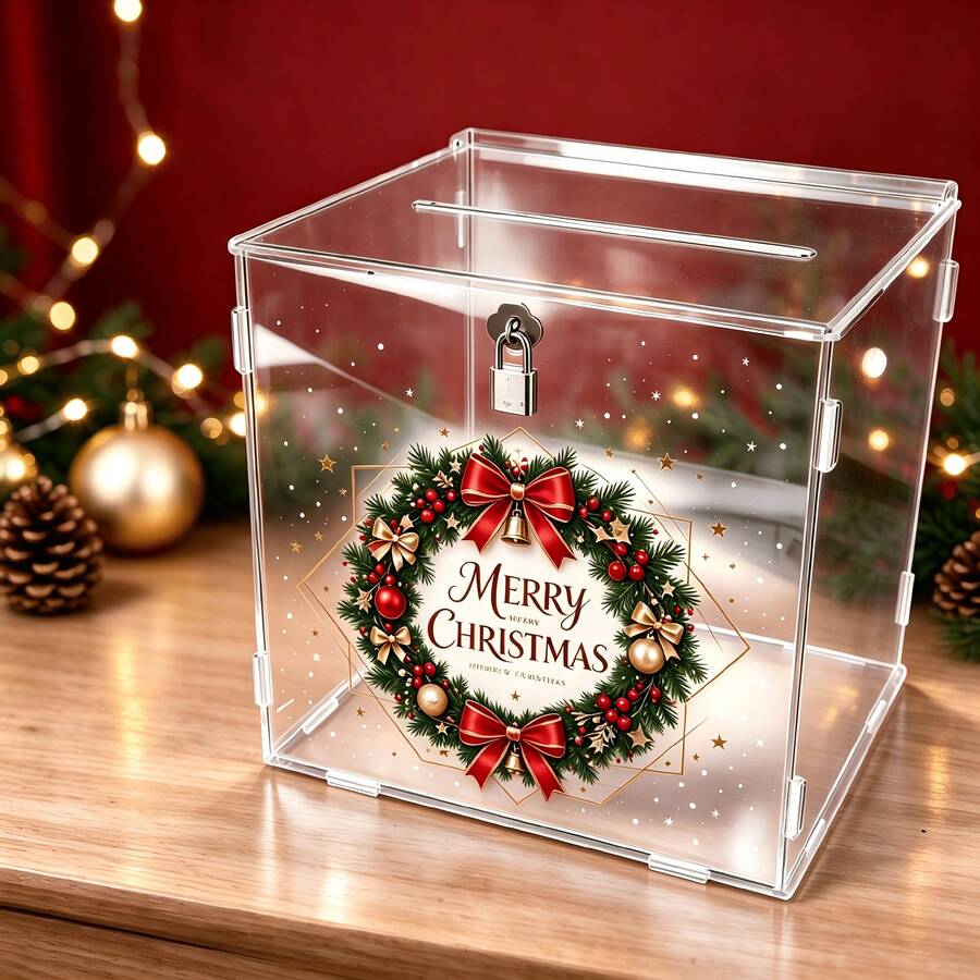 1pc Red & Gold Floral Wreath Christmas Acrylic Card Box With Lock Design, Christmas Party Desktop Greeting Card Envelope Gift Storage Box - Multicolor - View 1