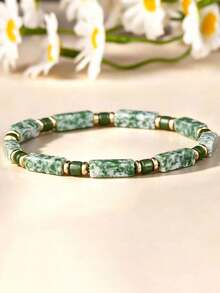 Casual Style 5mm Snake Stone Tube Bead Bracelet, Symbolizing Transformation And Renewal, Wisdom And Insight, Warding Off Evil And Protection, Handmade Elastic Cord Spiritual Jewelry, Suitable For Daily Wear - Green - View 3