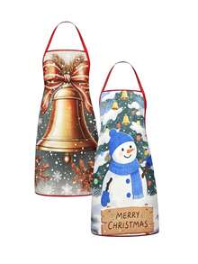 1pc/2pcs/4pcs Christmas Linen Feel Bib Apron, Santa & Mrs.Claus, Reindeer, Snowman, Christmas Tree & Winter Village Print, Merry Christmas Letter, Red Halter Strap, Kitchen Cooking Baking Apron, Xmas Holiday Decor & Gift - Multicolor - View 12