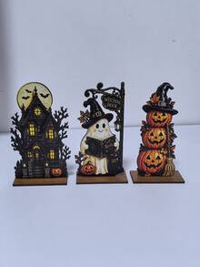 3pcs Haunted House Ghost Pumpkin Decor, Vintage Wooden Halloween Decoration, Quirky Multi-Layer Tray Tabletop Display, Autumn Home Gift - A - View 7
