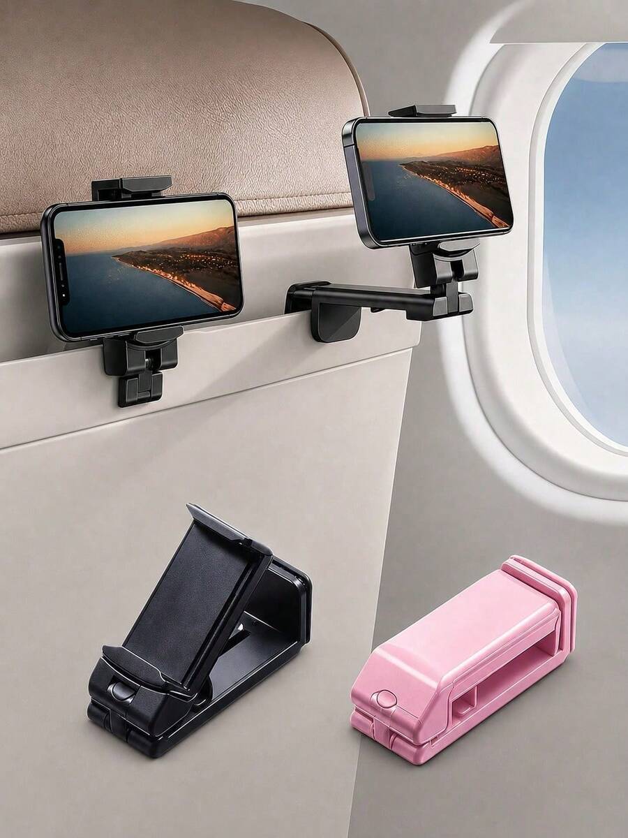 1pc Adjustable Airplane Phone Holder Clip - 360° Rotating Travel Phone Stand, Travel Essential, Holiday Essential, Suitable For Table Tray, Portable And Durable, Phone Accessory