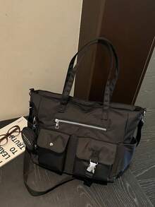 New Casual Solid-Color Nylon Shoulder Tote Bag With Coin Pouch Charm, Stylish Metal Buckle And Zipper Accents, Large Capacity, Multi-Pocket Handbag - Black - View 7