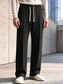 Men's Drawstring Waist Textured Casual Long Pants Loungewear - Black - View 1