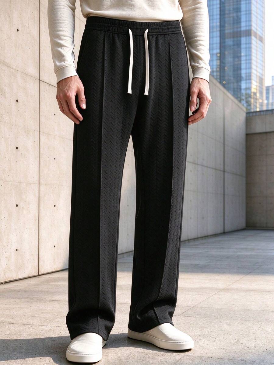Men's Drawstring Waist Textured Casual Long Pants Loungewear - Black - View 1