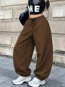 Women's Minimalist Loose Harem Pants, Slim Fit Wide Leg Trousers, Suitable For Daily Commute - Brown - View 3