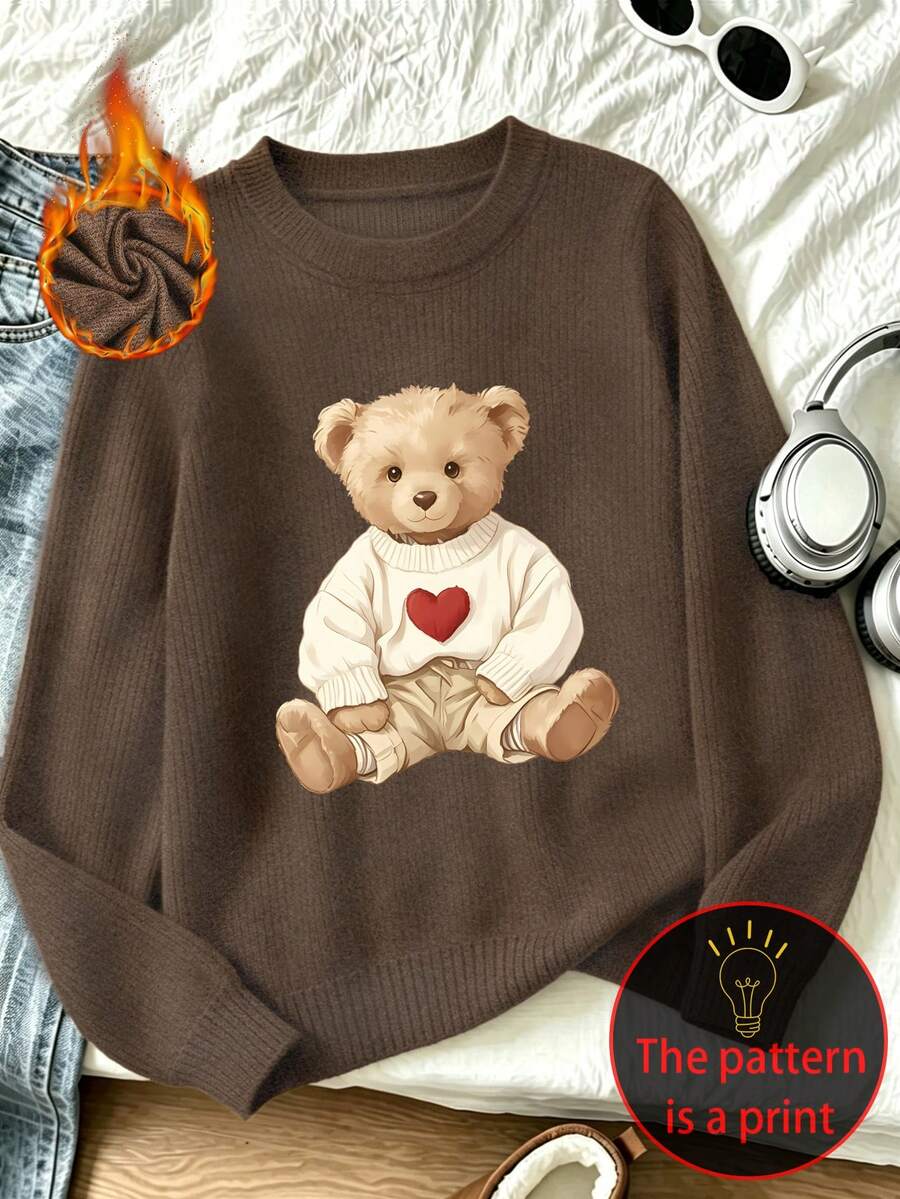 Plus-Size Women's Knitted Imitation Sweater, Teddy Bear Print, Casual And Simple, Autumn And Winter Top, Everyday Wear. - Brown - View 1