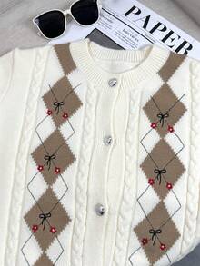 Vintage Argyle Floral Bow Embroidered Knit Cardigan - Champagne - View 8