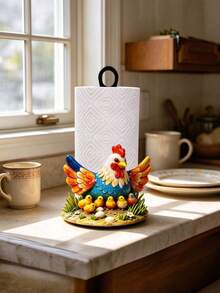 Farmhouse Rooster & Chick Paper Towel Holder, Colorful Metal Freestanding Desktop Paper Towel Dispenser, Sturdy Iron Base, Country Style Kitchen Countertop Decor, Home Storage & Organization Gift, Suitable For Farm Enthusiasts, Applicable For Restaurant Dining Table - Multicolor - View 3