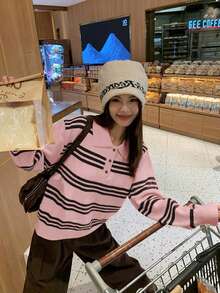 Women's Autumn/Winter Colorblock Striped Collared Sweater, Casual Loose Fit Pullover Long Sleeve Knit Top - Pink - View 2