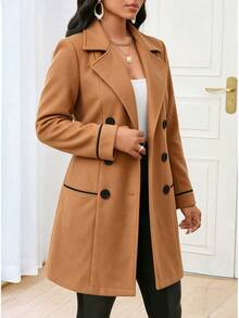 Women's Plus Size Lapel Double-Breasted Long Sleeve Long Coat, Perfect Choice For Autumn/Winter - Khaki - View 4