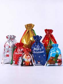 1 Set 32x24 Reusable Christmas Gift Bags With Foil Drawstring, Holiday Design, Suitable For Party Favors, Gifts And Decoration, Durable Plastic Material - Multicolor - View 4