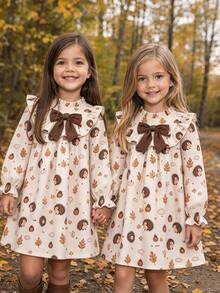 Gaun Anak Perempuan Bergaya Pastoral dengan Motif Landak dan Daun, Kerah Berkerut, Pita Besar, Lengan Panjang, Lengan Mengembang Kasual, Potongan Longgar - Coklat - View 1